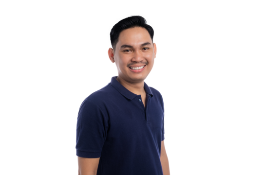 Confident smiling man in navy blue polo shirt looking at camera with relaxed and friendly expression isolated on transparent background - Powered by Adobe