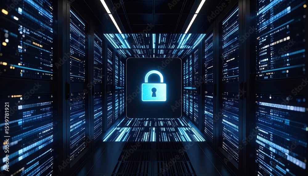 Poster futuristic digital security technology concept with glowing padlock symbol surrounded by neon blue d