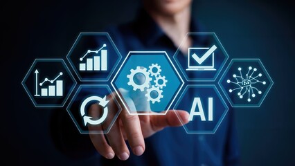 Hand interacting with AI and business data symbols on a virtual interface display screen