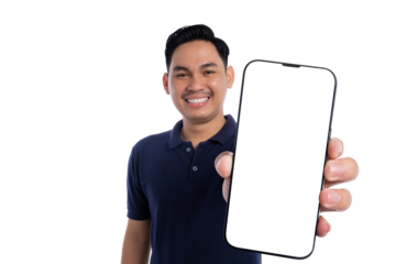 Smiling man showing blank smartphone screen to camera with friendly expression isolated on transparent background
