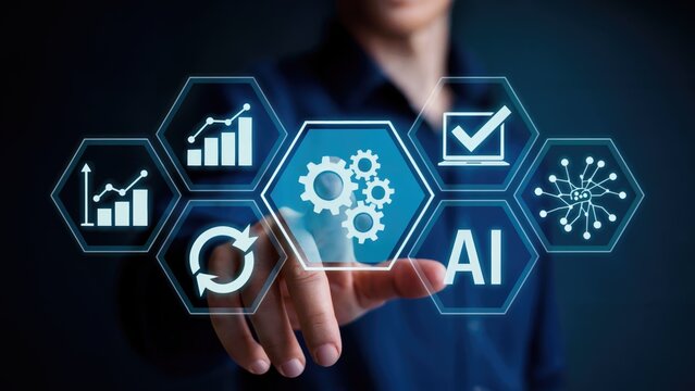 Hand interacting with AI and business data symbols on a virtual interface display screen