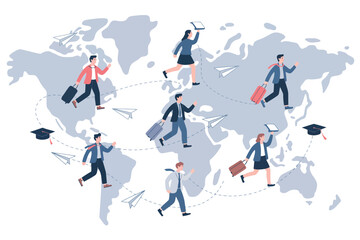 Illustration of people traveling around the world with suitcases and paper airplanes on a world map