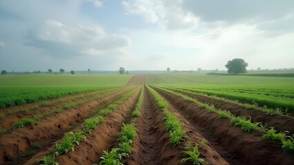Agricultural landscape with rows of crops stretching towards the horizon under cloudy sky