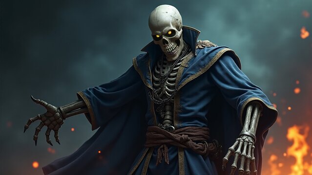 Menacing Skeleton Sorcerer With Glowing Eyes And Flames - Powered by Adobe