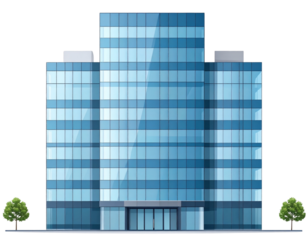 modern glass skyscraper front view, transparent background