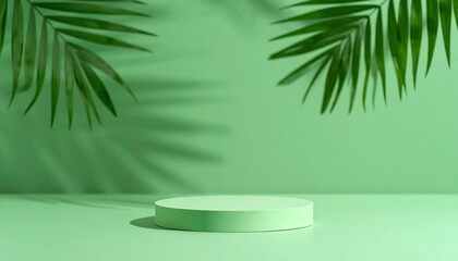 Green product display podium with palm leaves
