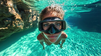 Naklejka premium Underwater Serenity: A Woman's Underwater Exploration
