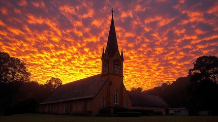 Obraz premium Fiery Sunset over Church