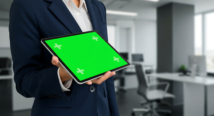 Businesswoman presenting a tablet with a green screen in a modern office.