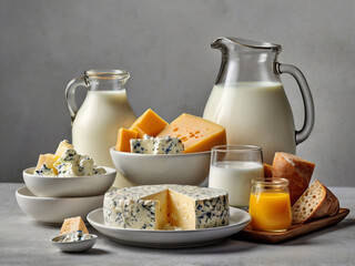 Assortment of dairy products and bread cheese blue cheese