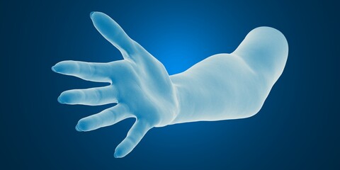 A digitally rendered blue hand reaching out against a gradient background.