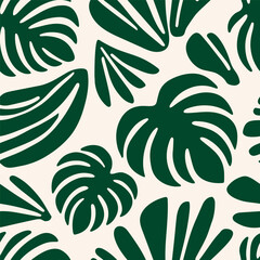 Tropical leaf seamless pattern with bold green monstera and palm silhouettes on a light background. Modern, minimalist exotic foliage design. Nature botanical tropics endless background.