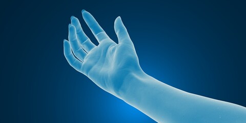 X-ray view of an outstretched hand against a blue gradient background.