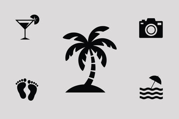 Iconic representation of a beach vacation with palm tree cocktail camera footprints and beach umbrella