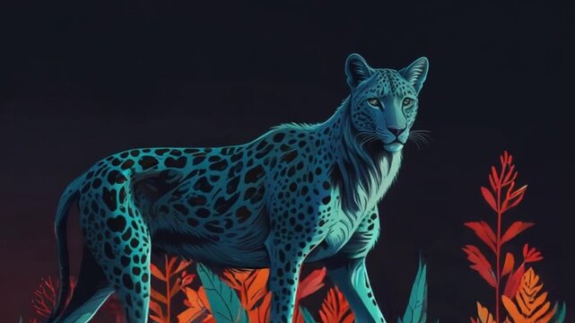 Vibrant teal leopard in a dark jungle