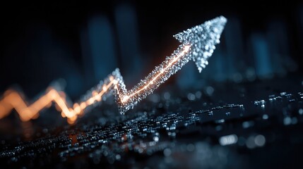 Rising arrow chart overlays abstract tech background, symbolizing big data analysis, financial growth, market success, and futuristic investment strategy in business economy.