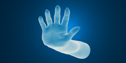 X-ray of a human hand showing bone structure against a blue background.