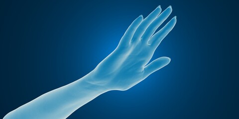 Digital rendering of a translucent hand against a gradient blue background.