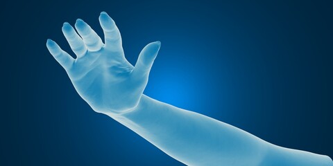 A translucent blue hand reaching out against a dark background.