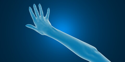 Futuristic digital illustration of a human arm reaching out against a blue background.