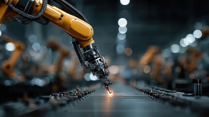 Robotic arm performs precise task in automated industrial environment, symbolizing AI-powered manufacturing, machine learning systems, and smart production innovation in factories.