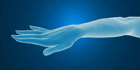 Futuristic digital rendering of a human hand and forearm on a blue background.
