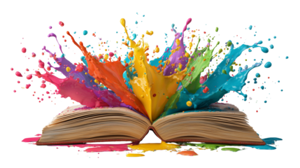 Colorful book with paint splashes png, open book with rainbow colors, illustration, design element, isolated on white or transparent background