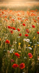 Fototapeta premium Serene Sunset Poppy Field: Vibrant Red Blooms and Daisies in Golden Hour Light