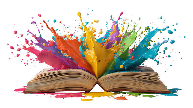 Colorful book with paint splashes png, open book with rainbow colors, illustration, design element, isolated on white or transparent background