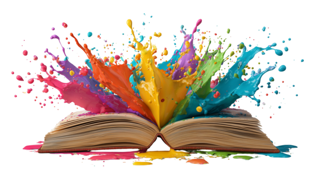 Colorful book with paint splashes png, open book with rainbow colors, illustration, design element, isolated on white or transparent background