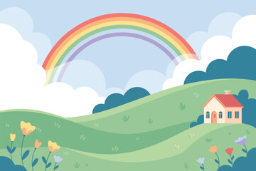 Cartoon landscape featuring a rainbow, rolling hills, a house and flowers under a cloudy sky