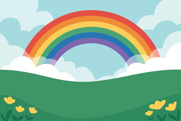 Fototapeta premium A cartoon illustration of a rainbow over a green hill with yellow flowers and white fluffy clouds