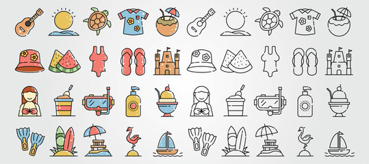 set o f Icons related to summer activities like swimming surfing, tropical and beach.