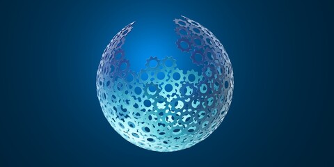 Abstract spherical structure with a gear-like pattern against a deep blue background.