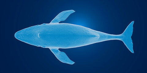 Elegant translucent whale silhouette on a deep blue ocean background.