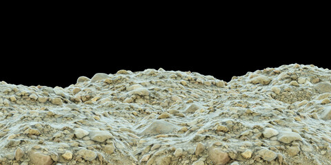 Close-up of a rocky terrain with uneven surfaces and scattered stones against a black background.