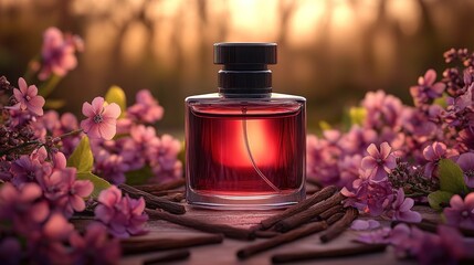 Floral perfume bottle surrounded by lilac flowers and cinnamon sticks