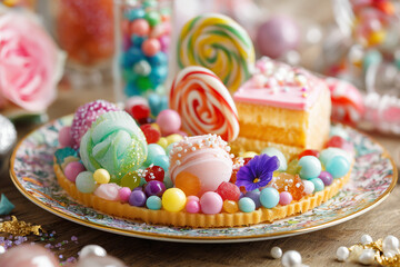 Colorful Candy Dessert Display. Colorful dessert with candies and cake on a festive plate. Ideal for celebrations and sweet-themed events.