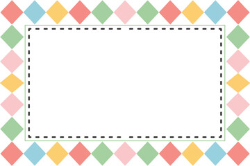 A frame with a white rectangle in the center surrounded by pastel colored diamonds and a dotted border