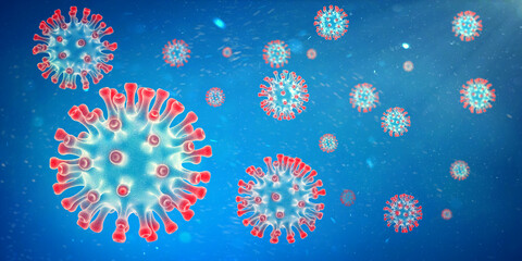 Digital illustration of virus cells with red spikes on a blue background.