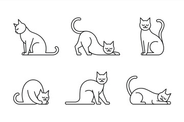 Naklejka premium Six cat outlines in various poses including sitting stretching and lying down on a white background