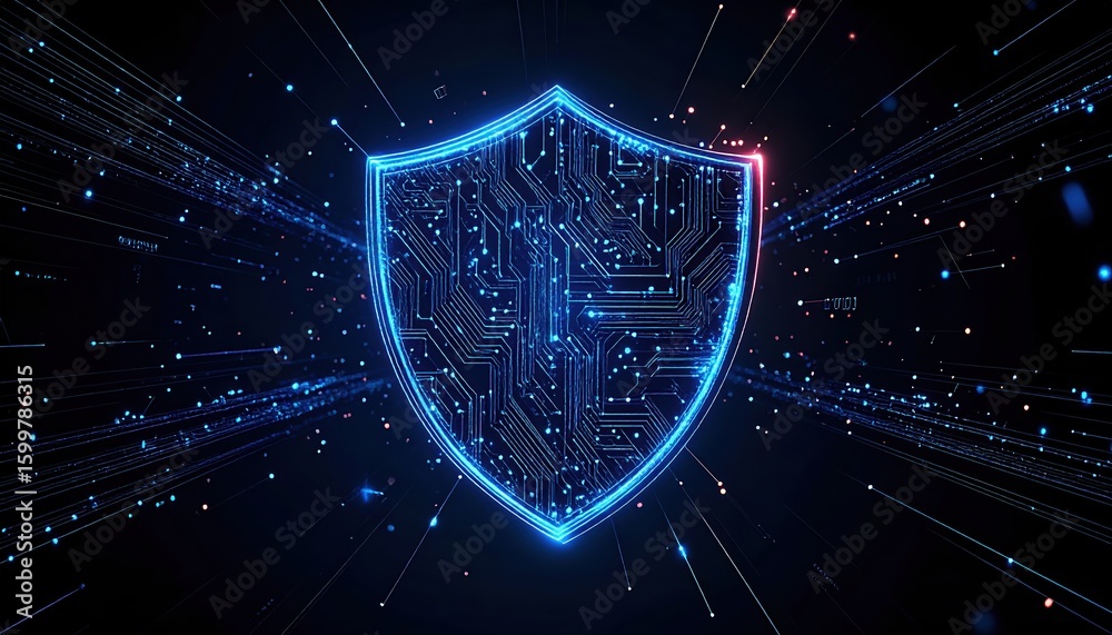 Poster advanced digital shield representing cybersecurity protection with glowing circuit patterns and futu