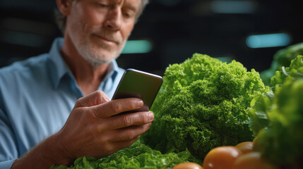 Change in consumer behavior, Shopper examining local produce on smartphone at farmers market, surrounded by fresh greens and eggs, showcasing connection to local food