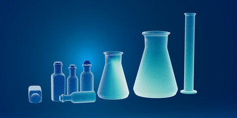 Frosted glass laboratory equipment set against a gradient blue background.