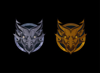 fantasy rpg medieval golden and silver stone animal head badge emblem medal crest of dragon