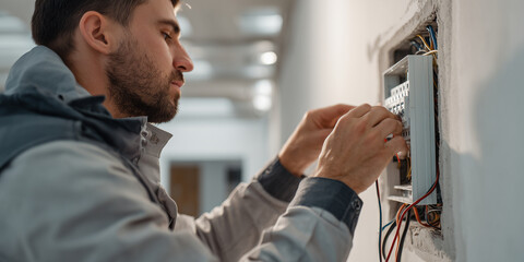 Ein Elektriker der an einen Stromkasten die Kabel anschlie&szlig;t. Rohbau Bauen Elektrik Arbeiter