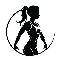 Female fitness model in athletic wear, in a dynamic side profile pose, within a circular graphic element. Strong, confident female athlete in a fitness studio.