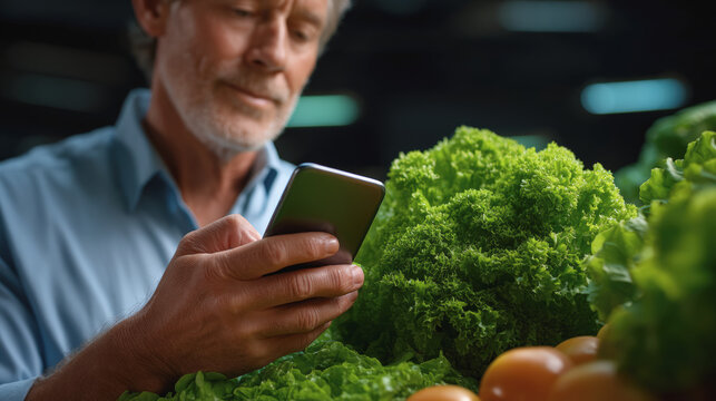 Change in consumer behavior, Shopper examining local produce on smartphone at farmers market, surrounded by fresh greens and eggs, showcasing connection to local food - Powered by Adobe