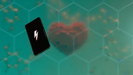 Phone with lightning icon floats above pixelated heart shape over translucent hexagon molecular background