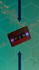 Retro audio cassette floating in front of molecular hexagon pattern green background